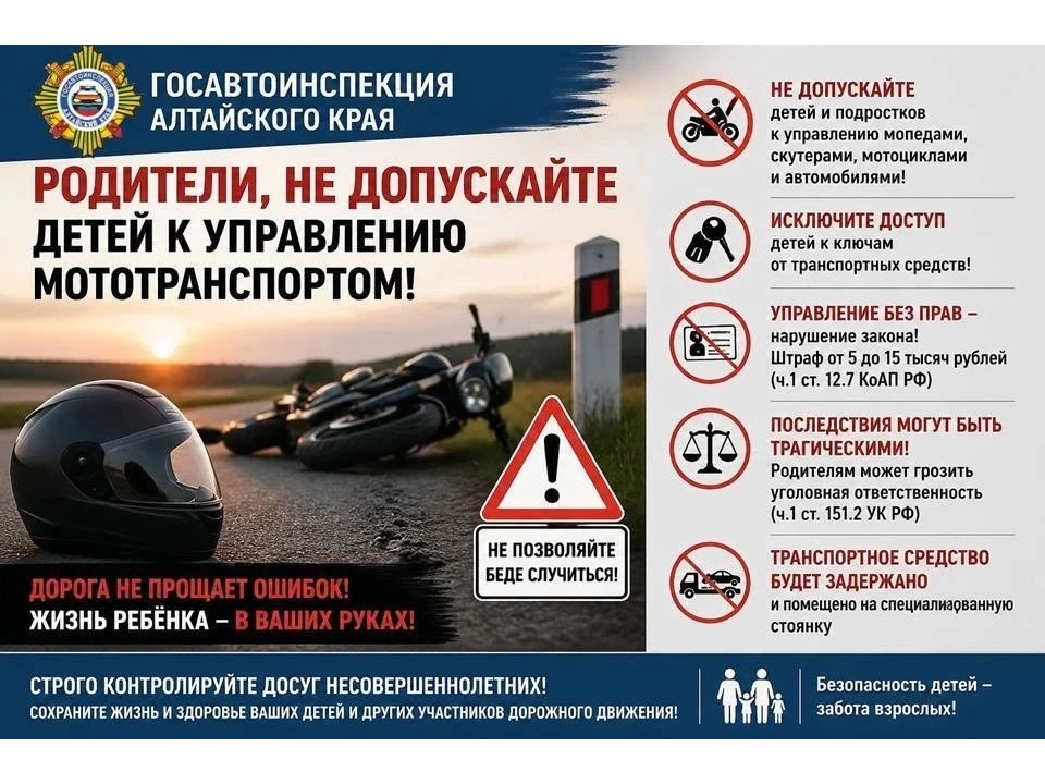Михайловская Госавтоинспекция призывает родителей не допускать детей к управлению мототранспортом.